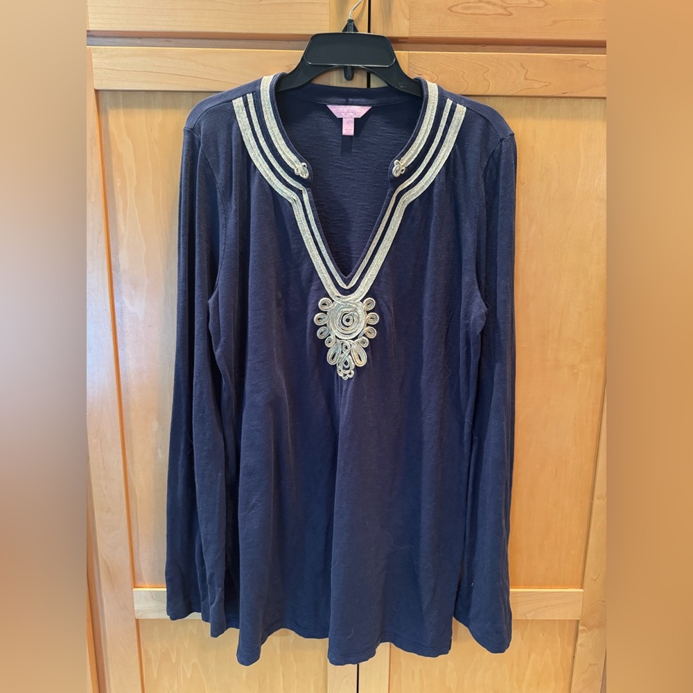 Lilly Pulitzer Deep Blue Tunic with Metallic Embroidery